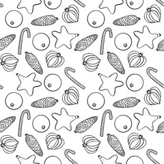 Doodle pattern on a winter theme with simple illustrations of Christmas tree toys, cones, balls, hearts