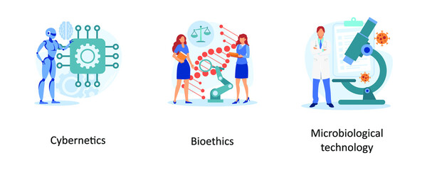 Cybernetics, bioethics, microbiological technology. Biological science abstract concept vector illustrations.