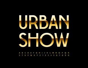Fototapeta na wymiar Vector stylish flyer Urban Show. Elegant Golden Font. Chic slim Alphabet Letters and Numbers set