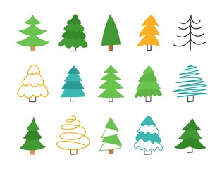 Hand drawn Christmas trees set. Fir collection in flat style. Vector illustration.