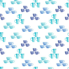 Watercolor seamless pattern with multicolored porcelain cups