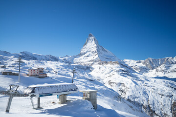 Matterhorn, Zermatt, Skiing, Winter Hiking, magical Landscape of Zermatt,  Glacier Paradies, Riffelberg, Furi, Rothorn, Monta Rosa, Dufourspitze,Visp, Sunnegga, Gornergrat, Randa, Tasch, Zmutt, Liskam - obrazy, fototapety, plakaty