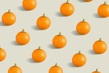 Autumn pattern with natural pumpkins on bright background. Minimal halloween holiday concept.