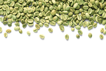Many green coffee beans on white background, top view