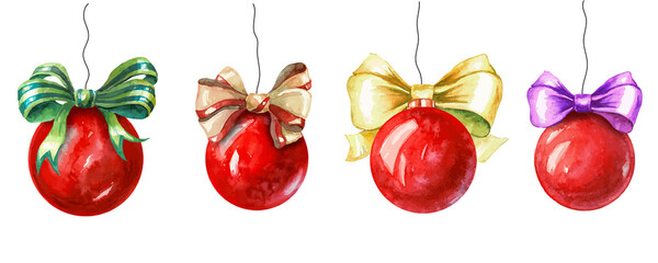 Christmas collection of balls with bows for a Christmas tree. Decoration for the holiday in watercolor. Hand painted watercolor iluustration. Vector elements isolated on white background