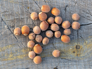 Hazelnuts on a wooden background.