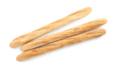 Tasty baguettes on white background, top view. Fresh bread