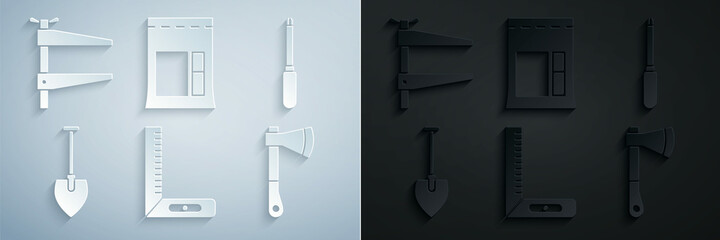 Set Corner ruler, Screwdriver, Shovel, Wooden axe, Cement bag and Clamp tool icon. Vector
