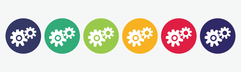 6 circles set with gear icon in various colors. Vector illustration.