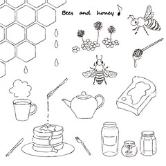 はちみつ　みつばち　のイラストセット　線画