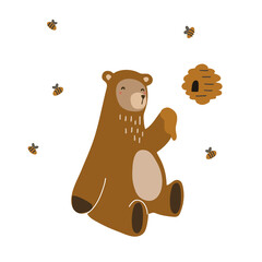 Cute cartoon bear on a white background with bees and honey