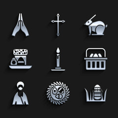 Set Burning candle in candlestick, Easter egg wicker nest, Basket with easter eggs, Jesus Christ, cake, rabbit and Hands praying position icon. Vector