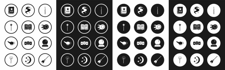 Set Magic wand, Ancient magic book, Fireball, fog or smoke, and lamp Aladdin icon. Vector