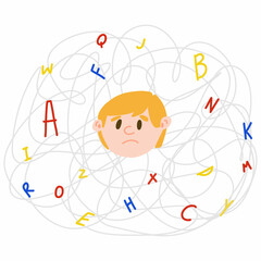 Upset light-skinned child with invisible disease dyslexia. Concept of dyslexic boy in the chaos of letters in cartoon style - obrazy, fototapety, plakaty