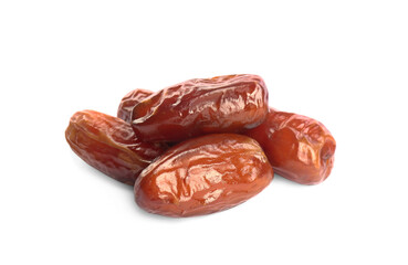 Heap of tasty sweet dried dates on white background