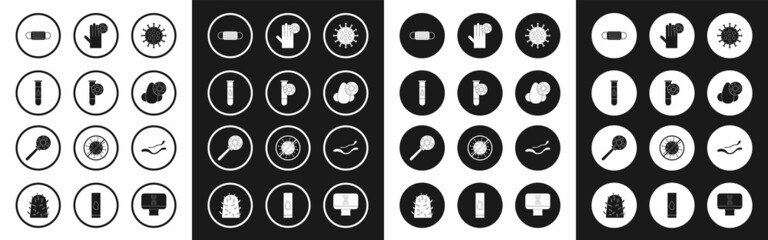 Set Virus, Test tube with virus, Blood test and, Medical protective mask, Runny nose, Hand, Ebola disease and under magnifying glass icon. Vector