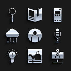 Set Create account screen, Online education, Video chat conference, Microphone, Light bulb with concept of idea, Network cloud connection, Mobile and Magnifying glass icon. Vector