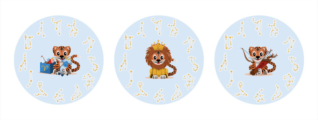 Tiger cub with aries, leo, sagittarius zodiac sign Astrological sign icon Vector cartoon illustration Horoscope and Eastern New Year.