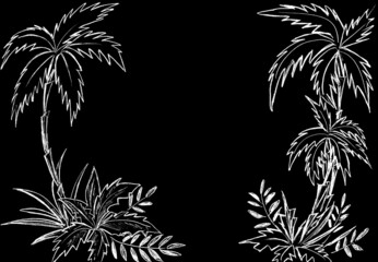 Three palm trees and tropical vegetation are white on a black background