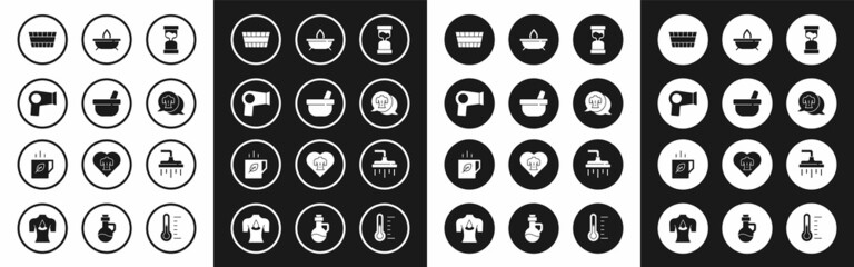 Fototapeta premium Set Old hourglass, Mortar and pestle, Hair dryer, Sauna bucket, Massage, Aroma candle, Shower head and Cup of tea leaf icon. Vector