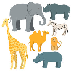 Vector set of animals, elephant, giraffe, hippo, lion, camel, rhinoceros, zebra