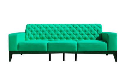 Big turquoise sofa with black wooden legs. Upholstered furniture for the living room. Teal couch isolated