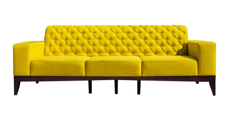 Big yellow sofa with black wooden legs isolated on white. Yellow couch isolated
