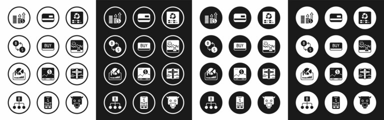 Fototapeta premium Set Pie chart infographic, Buy button, Cryptocurrency exchange, Financial growth and dollar, Failure stocks market, Credit card, Stacks paper money cash and Stocks graphs icon. Vector
