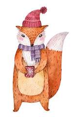 Watercolor christmas fox. Cute illustration of winter fox characters in scarf and hat holding a cup. Hand drawn illustration isolated on white background.