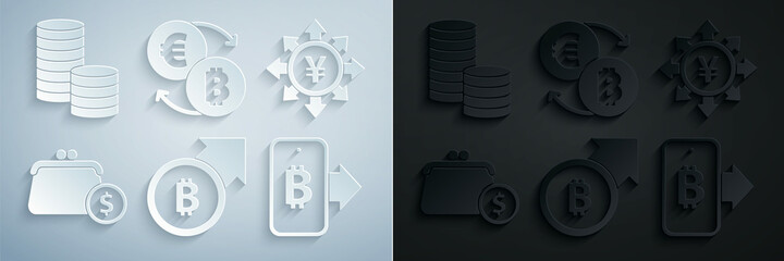 Set Financial growth and bitcoin, Coin money with Yen, Wallet coins, Mining from mobile, Cryptocurrency exchange and dollar icon. Vector