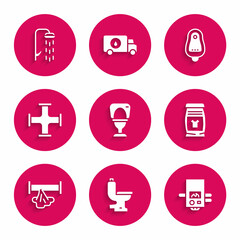 Fototapeta premium Set Toilet bowl, Gas boiler, Laundry detergent, Broken pipe, Industry metallic, urinal or pissoir and Shower icon. Vector