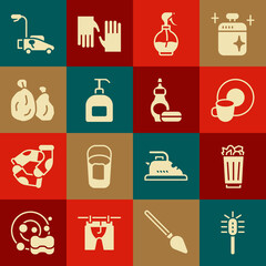 Set Toilet brush, Full trash can, Washing dishes, Water spray bottle, Bottle of liquid soap, Garbage bag, Lawn mower and Dishwashing icon. Vector