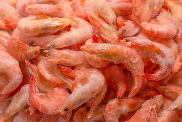 Fresh shrimps in ice. Top view.