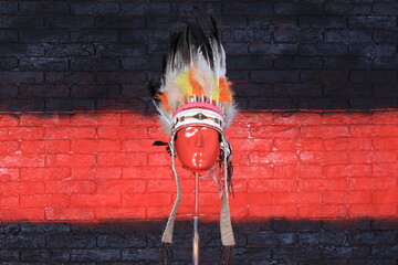indian apache headdress with feathers, red brick wall