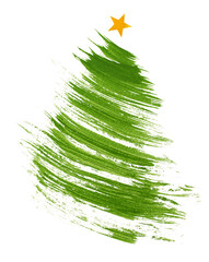 abstract christmas tree painted with brush strokes with gold star on top isolated on white...