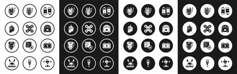 Set Battery, Drone, Smart glasses, Broken robot, Robot vacuum cleaner, burned out, and low battery charge icon. Vector