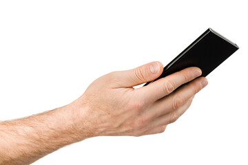 male hand holding phone isolated on white background