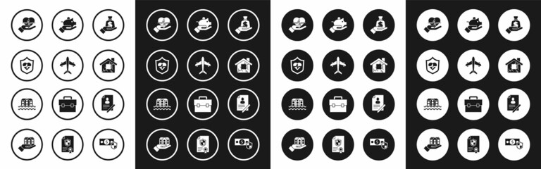 Set Money in hand, Plane, Life insurance with shield, House, Piggy bank, Document and flood icon. Vector