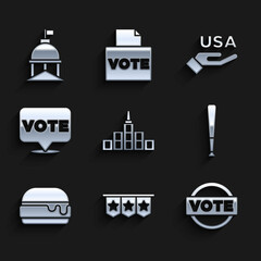 Set City landscape, Carnival garland with flags, Vote, Baseball bat, Burger, USA Independence day and White House icon. Vector