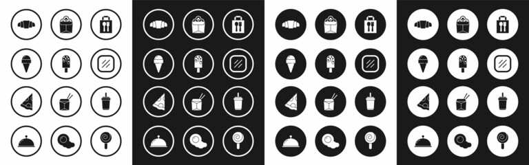 Set Online ordering and delivery, Ice cream, waffle cone, Croissant, Steak meat, Noodles box, Paper glass with straw and Slice of pizza icon. Vector