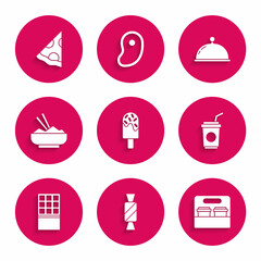 Set Ice cream, Candy, Coffee cup to go, Paper glass with straw, Chocolate bar, Rice in bowl chopstick, Covered tray and Slice pizza icon. Vector