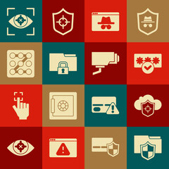 Set Document folder protection, Cloud and shield, Password, Browser incognito window, Folder lock, Graphic password, Eye scan and Security camera icon. Vector