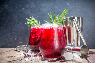 Cold autumn winter hibiscus cocktail with rosemary and crushed ice, copy space © ricka_kinamoto