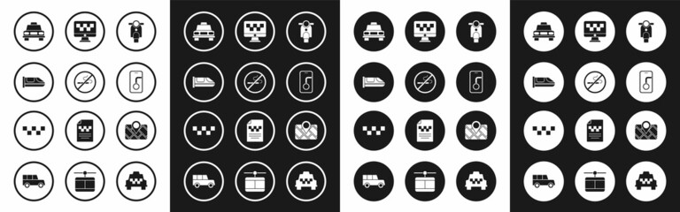 Set Scooter, No Smoking, High-speed train, Taxi car, City map navigation, Computer call taxi service, Gps device with and roof icon. Vector