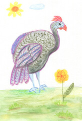 Funny plump guinea hen walks on sunny summer day among flowers. Hand drawn watercolor and gouache paints illustration.