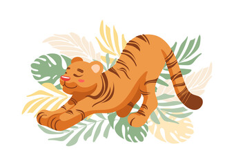 Cute stretching tiger childrens vector illustration in cartoon style. For nursery, posters, stickers, postcards, prints on fabric t-shirts. International Tiger Day. Symbol Chinese New Year 2022.