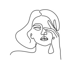 Woman Face with a classic bob haircut. Black and white. White background. One line drawing.