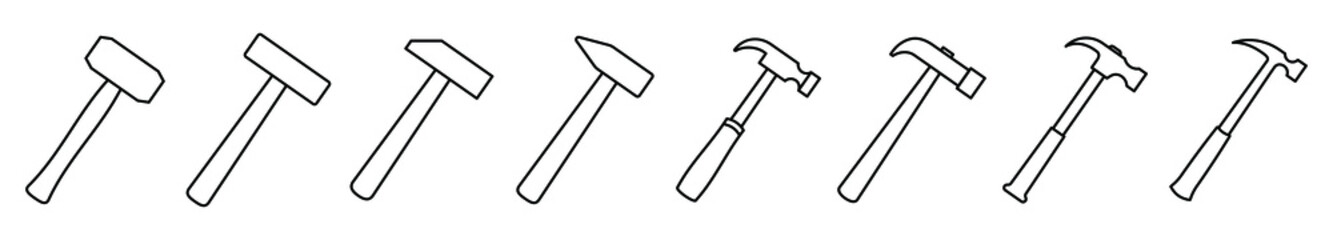 Hammer icon. Vector illustration. Set of black linear hammer icons. - obrazy, fototapety, plakaty