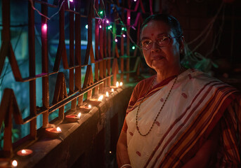 A Hindu woman decorating her home with lighting earthen lamps (or diyas) on the evening of Diwali and Kali puja. Kali Puja is a Hindu Festival of light, mostly popular with Bengali communities.