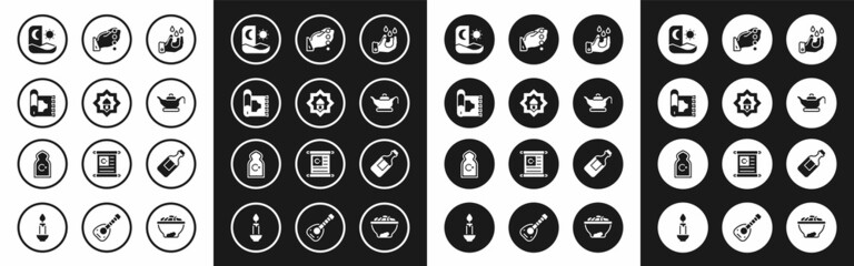 Fototapeta premium Set Wudhu, Muslim Mosque, Traditional carpet, Ramadan fasting, Oil lamp, Hands praying position, Bottle of water and icon. Vector